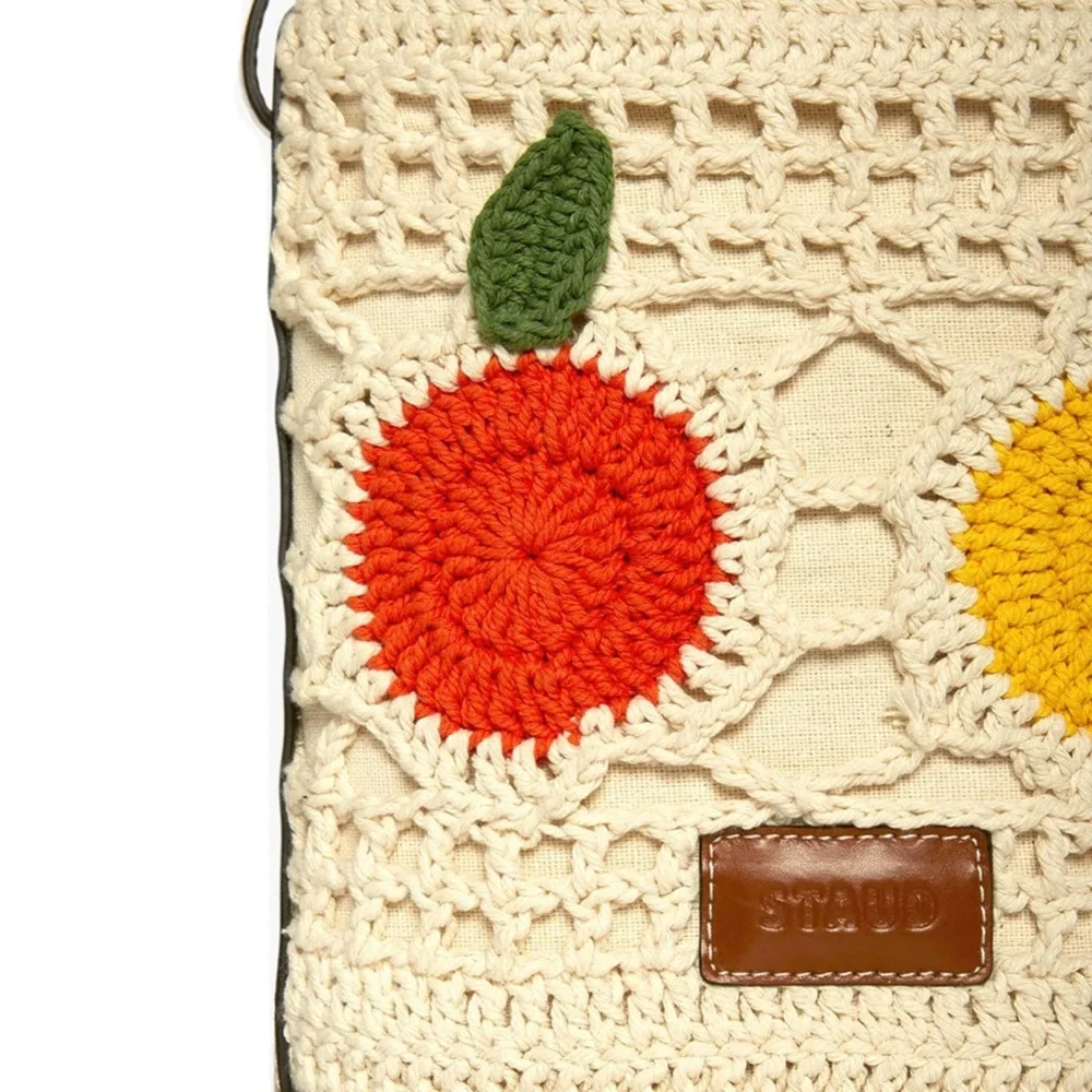 STAUD Cream Crochet Bucket Crossbody with Yellow and Red Fruit Motifs - Picture 7 of 12